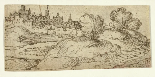 Hill Town with Trees in Foreground by Unknown Artist, drawing, 1600-1650