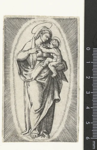Maria met kind in stralenkrans by anonymous, print, 1500-1575