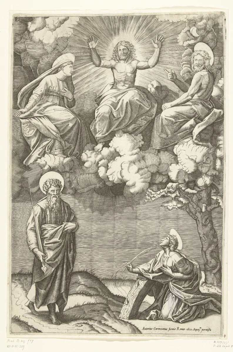 Christus en Maria en Johannes de Doper met heiligen Paulus en Catharina van Alexandrië by anonymous, print, 1520-1610