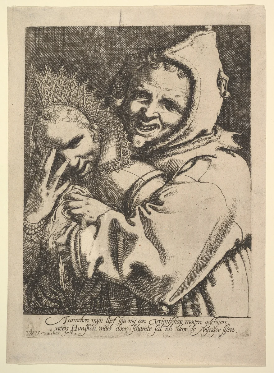Fool with a Girl Looking Through Her Fingers by Werner van den Valckert, print, 1610-1620