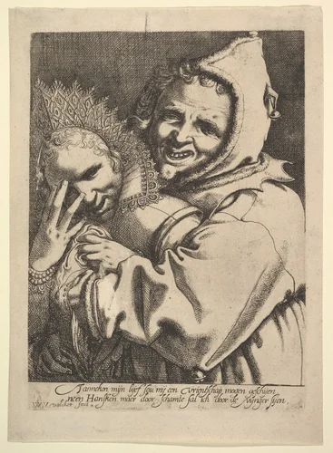 Fool with a Girl Looking Through Her Fingers by Werner van den Valckert, print, 1610-1620