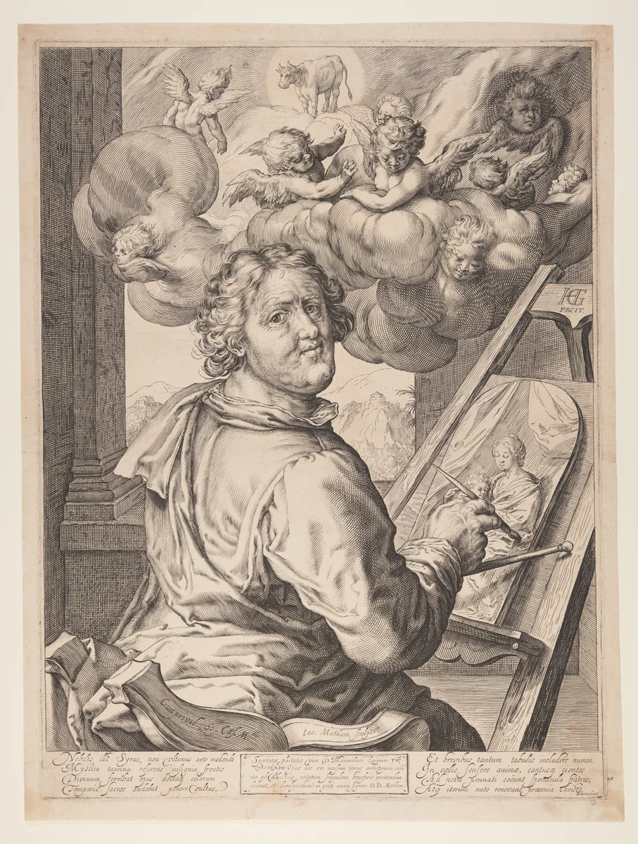 St Luke Painting the Virgin by Jacob Matham, print, 1609-1619