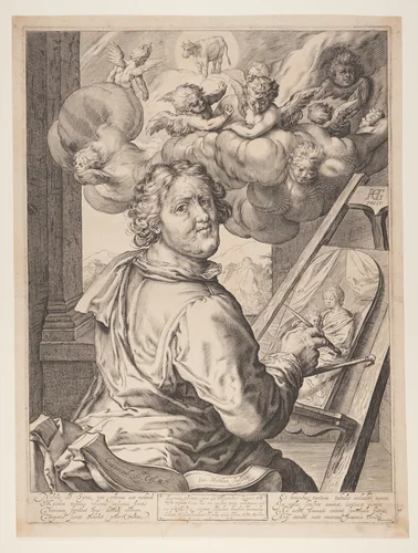 St Luke Painting the Virgin by Jacob Matham, print, 1609-1619