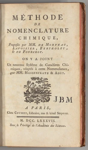 Méthode de nomenclature chimique ; on y a joint un nouveau systême de caractères chimiques, adaptés à cette nomenclature by Louis-Bernard Guyton de Morveau, artwork, 1787