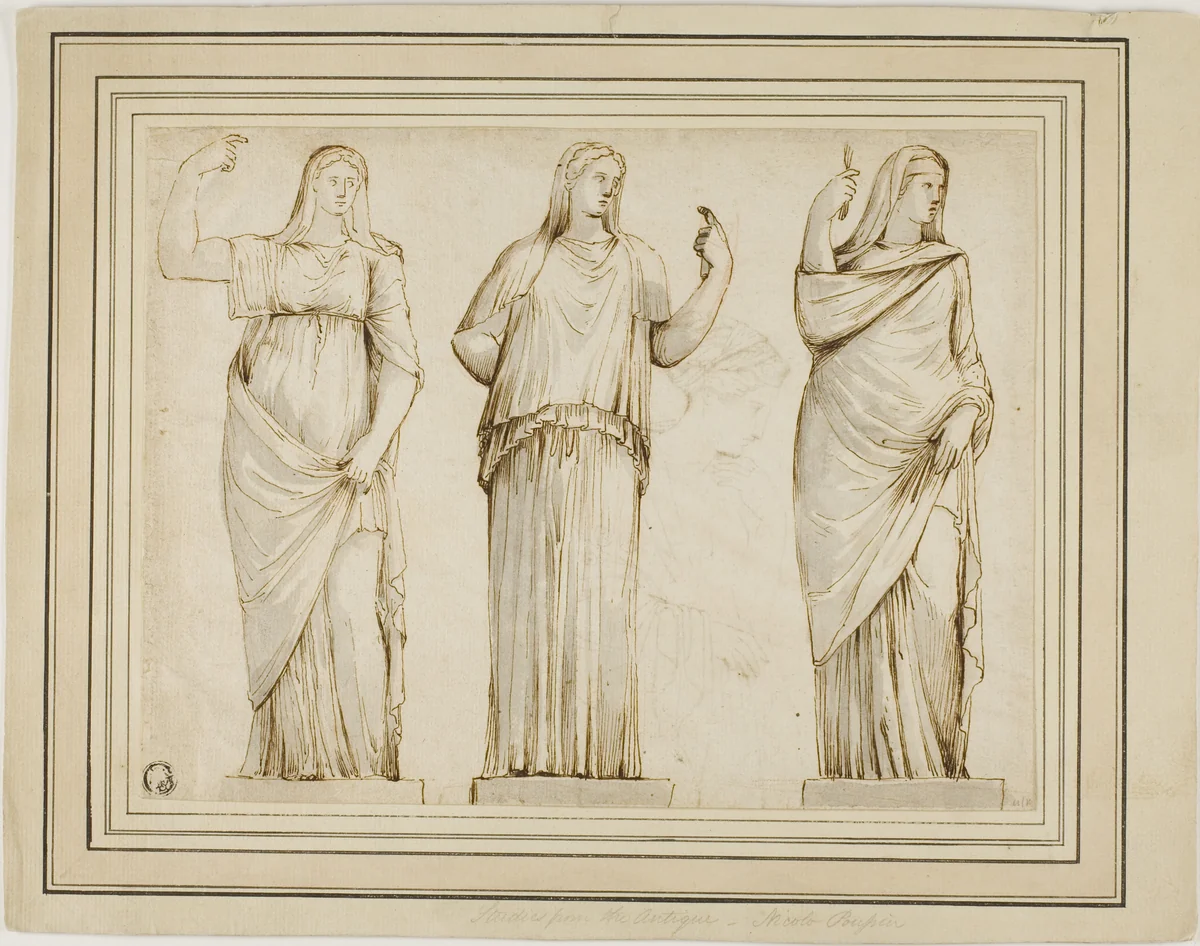 Three Roman Statues of Draped Female Figures and Sketch of Another Statue in Profile to Right by Unknown Artist, drawing, 1700-1799
