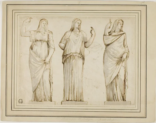 Three Roman Statues of Draped Female Figures and Sketch of Another Statue in Profile to Right by Unknown Artist, drawing, 1700-1799