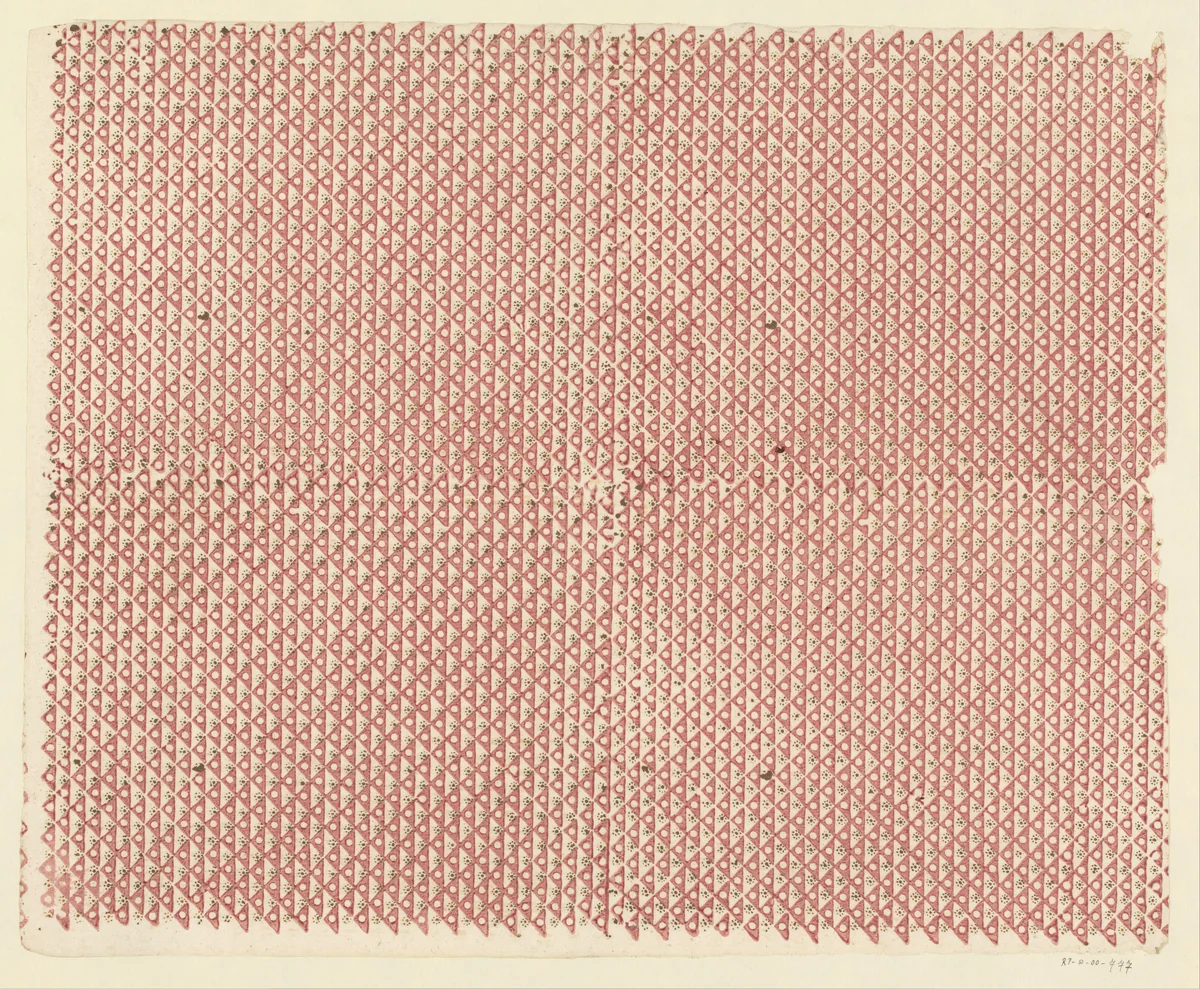 Blad met regelmatig patroon van driehoeken met stippen en bloemmotief by anonymous, print, 1750-1950
