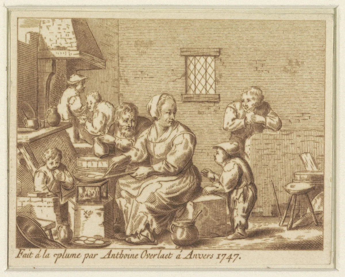 De Pannekoekenbakster by Antoon Overlaet, drawing, 1747