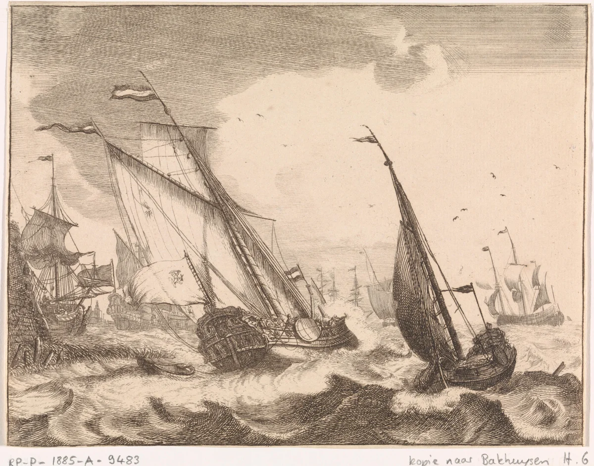 Schepen op zee by Frederik Ottens, print, 1717-1770