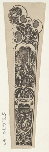Design for a Knife Handle with a Couple Gathered Around a Fire at Bottom by Johann Theodor de Bry, print, 1580-1600