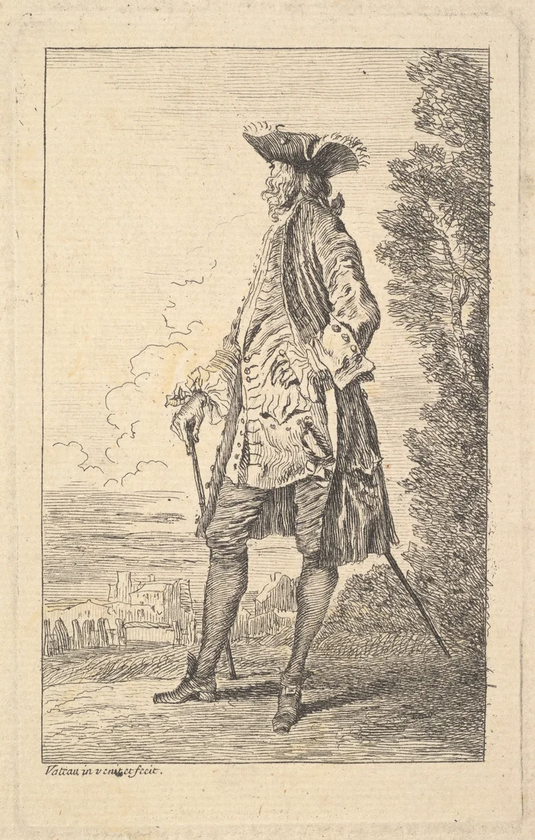 Man walking and carrying a cane in his right hand, shown in three-quarters view with his head turned away from the viewer, from "Figures of Fashion" (Figures de Modes) by Antoine Watteau, print, 1710
