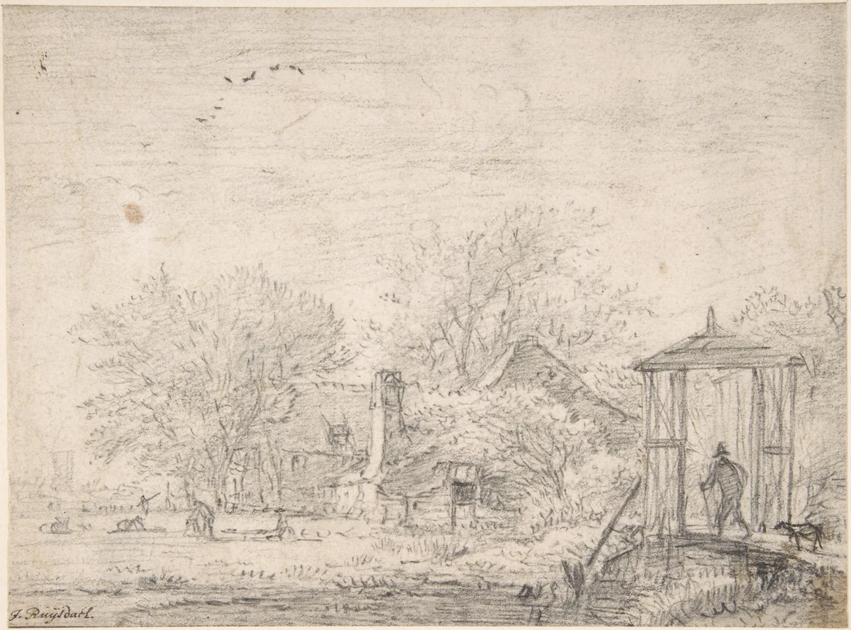 House among Trees, at Right Man and Dog on a Footbridge by Jacob van Ruisdael, drawing, 1640-1682