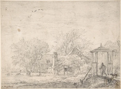 House among Trees, at Right Man and Dog on a Footbridge by Jacob van Ruisdael, drawing, 1640-1682