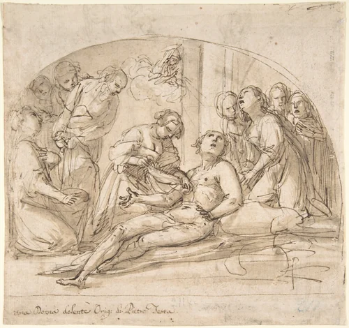 The Emperor Constantine Copronymous Burned by an Invisible Fire (recto); Studies of Sibyls and Angles (verso) by Giovanni Baglione, drawing, 1594-1604