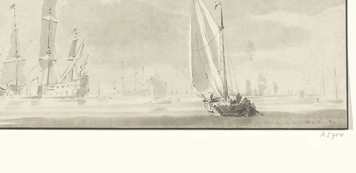 Kalme zee met schepen by Jurriaan Cootwijck, print, 1724-1798