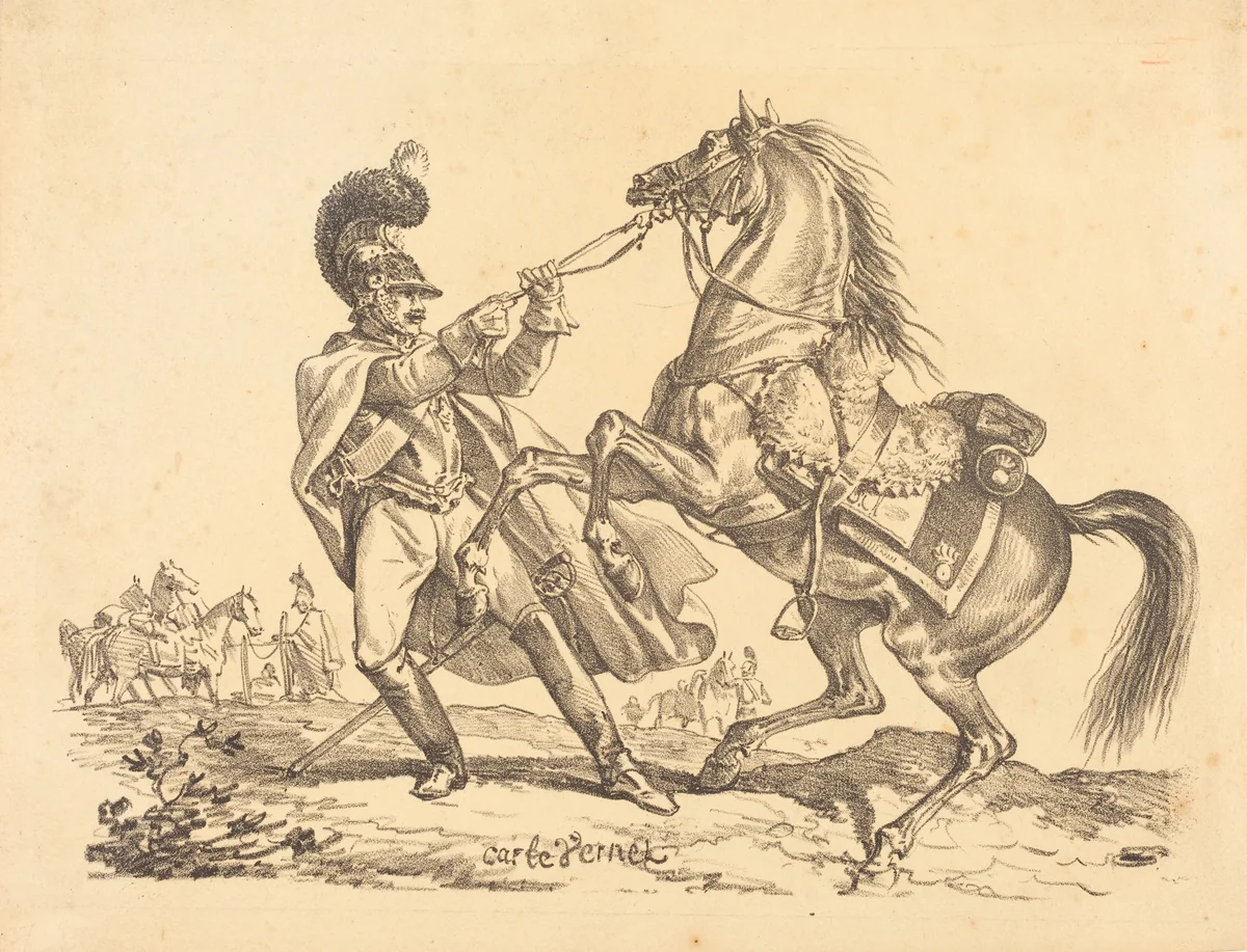 Cuirassier retenant son cheval qui se cabre by Carle Vernet, print, 1816-1817