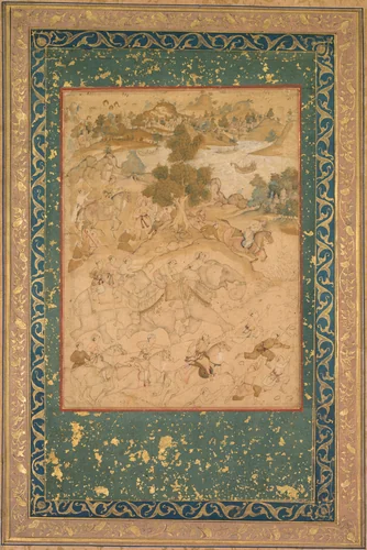 Akbar supervising the capture of wild elephants at Malwa in 1564, painting 90 from an Akbar-nama (Book of Akbar) of Abu’l Fazl (Indian 1551–1602) by Farukh Chela, painting, 1597-1608