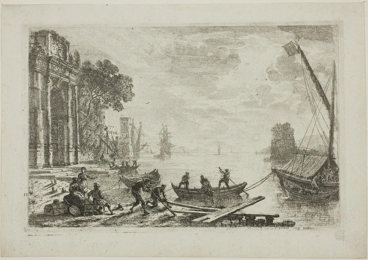 Harbor Scene with Rising Sun by Claude Lorrain, print, 1634