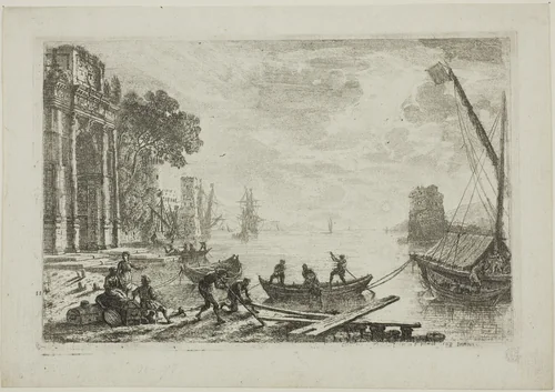 Harbor Scene with Rising Sun by Claude Lorrain, print, 1634