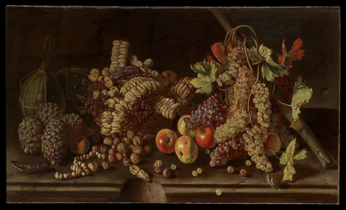 Still Life of Fruit and Nuts by Giuseppe Ruoppolo, painting, 1660-1669