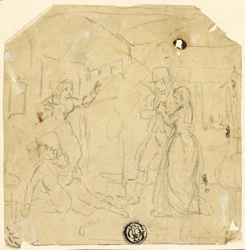 Dramatic Scene with Couple, Older Man by Joseph Clayton Bentley or Charles Bentley, drawing, 1835-1845