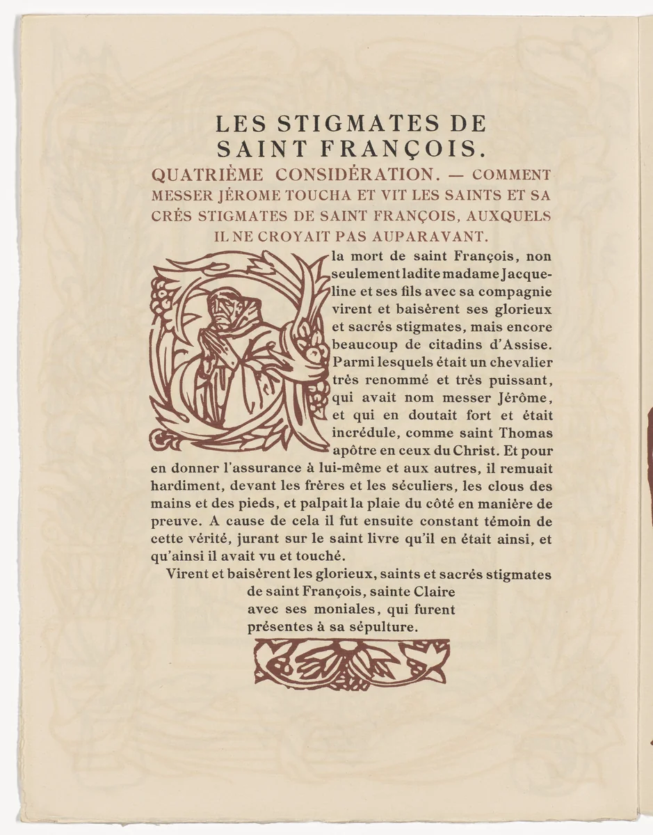 Pictorial initial and tailpiece (page 382) from Les Petites Fleurs de St. François (The Little Flowers of St. Francis) by Émile Bernard, illustrated book, 1928