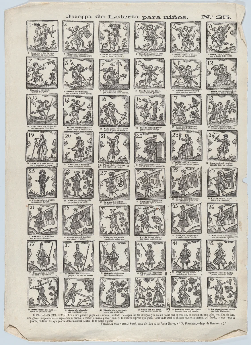 Game of lottery for children by Antonio Bosch, print, 1855-1865
