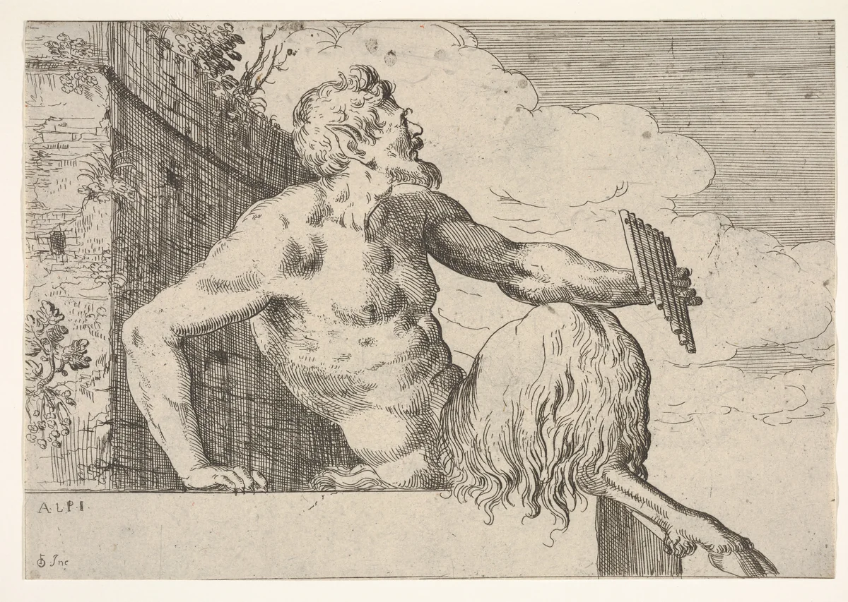 Seated Pan holding a pipe in his left hand by Odoardo Fialetti, print, 1600-1630