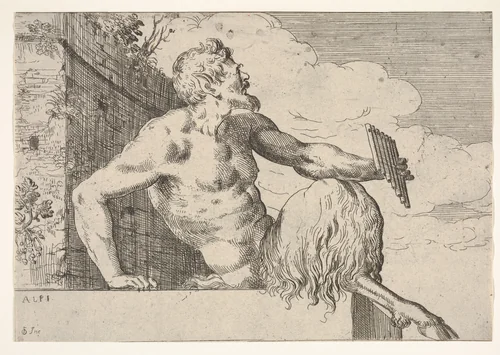 Seated Pan holding a pipe in his left hand by Odoardo Fialetti, print, 1600-1630