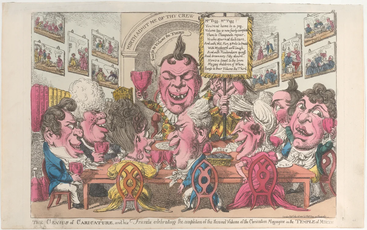 The Genius of Caricature, and his Friends, celebrating the completion of the Second Volume of the Caricature Magazine in the Temple of Mirth by George Murgatroyd Woodward, print, 1808