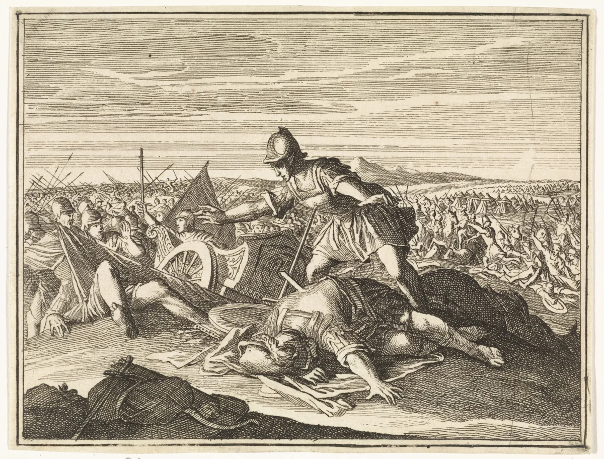 Dood van Saul op het gebergte te Gilboa by Caspar Luyken, print, 1712