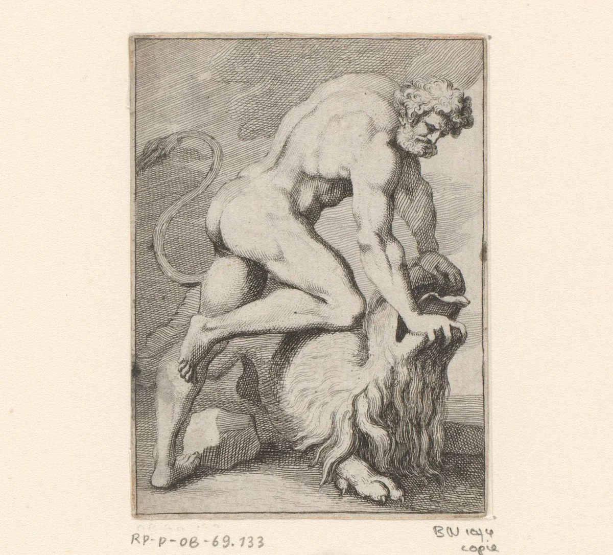 Hercules in gevecht met een leeuw by anonymous, print, 1647-1714