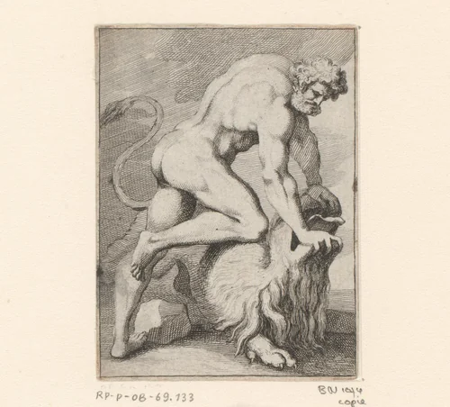 Hercules in gevecht met een leeuw by anonymous, print, 1647-1714
