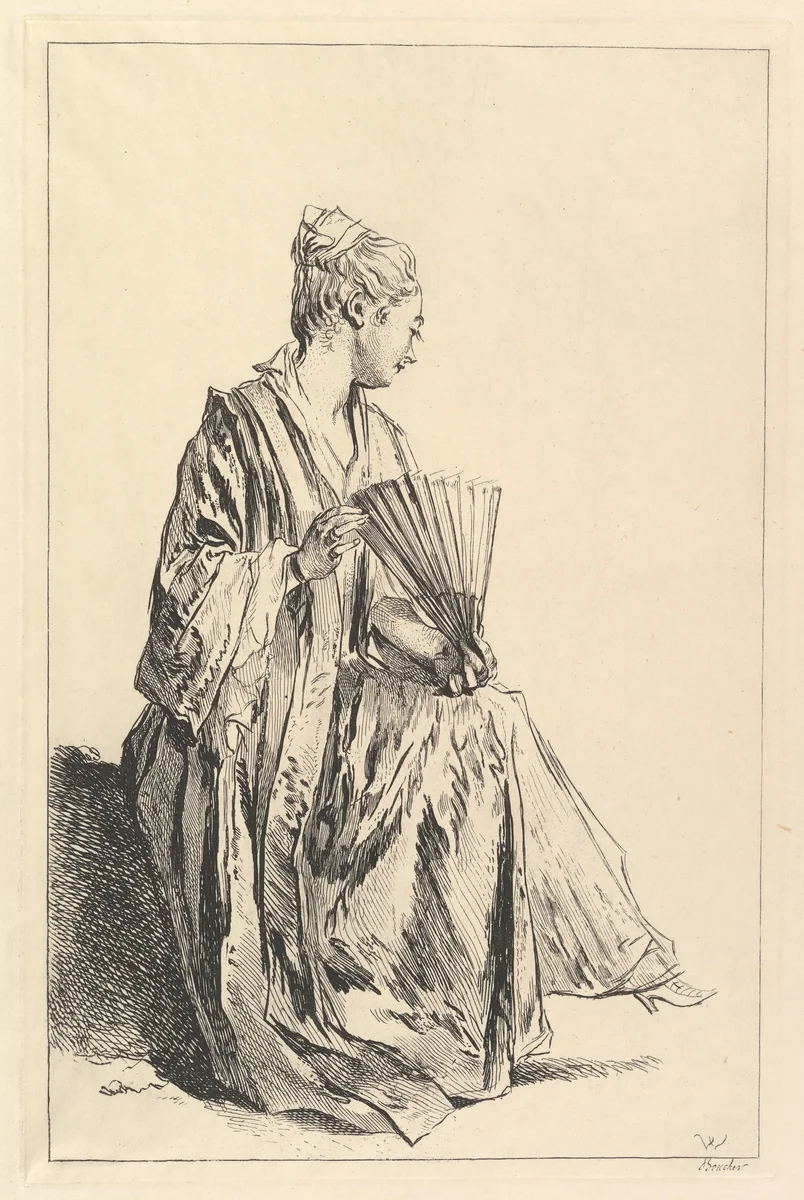 Femme assise, de profil à droite, jouant de l'eventail by François Boucher, print, 1720-1770