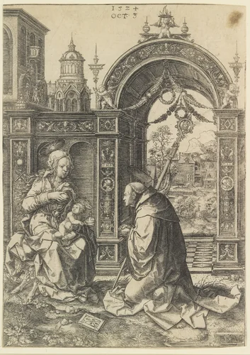 St. Bernard Adoring the Christ Child by Dirck Vellert, print, 1524