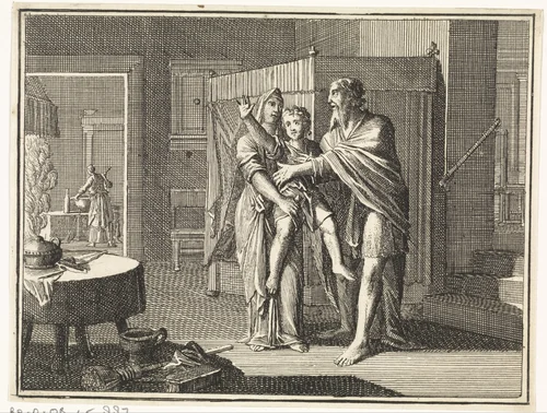 Elia wekt de dode zoon van de weduwe van Sarefat op by Jan Luyken, print, 1712