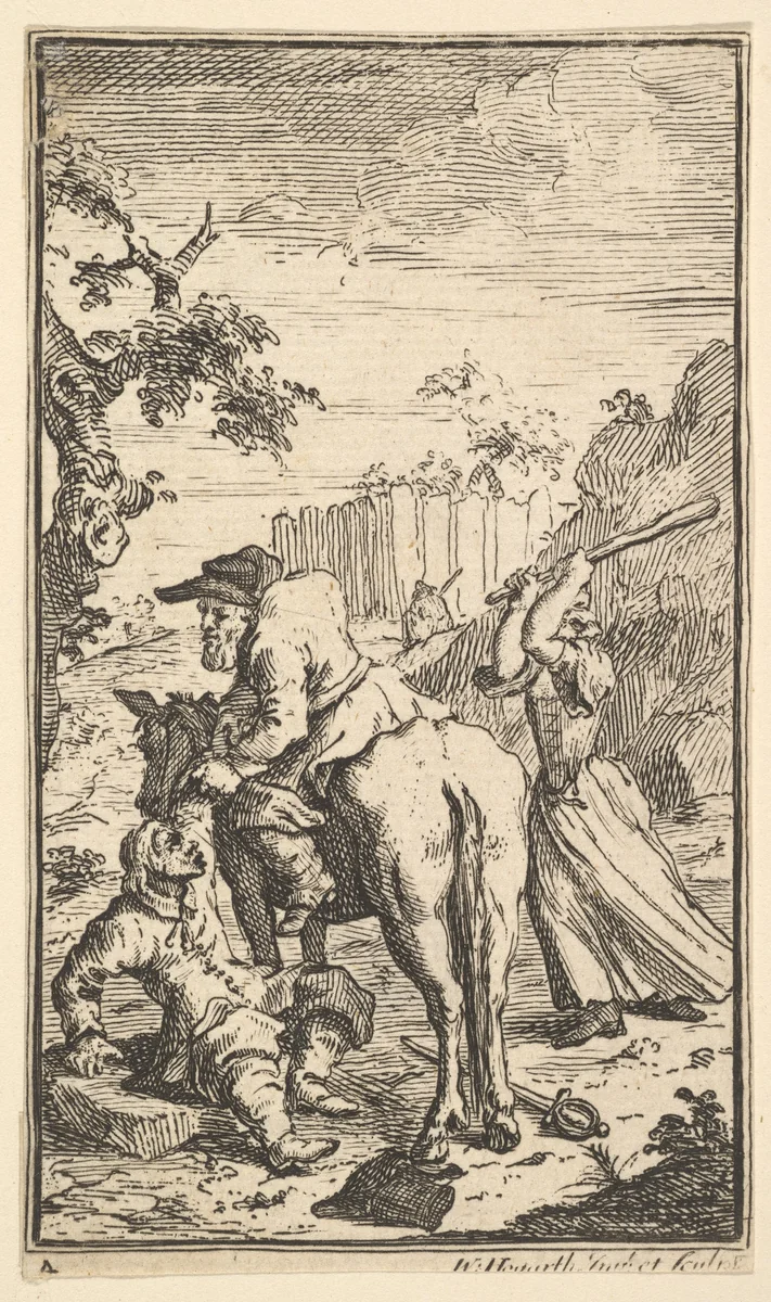 Trulla Attacking Hudibras (Seventeen Small Illustrations for Samuel Butler's Hudibras, no. 4) by William Hogarth, print, 1721-1726