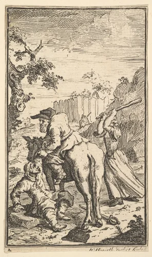 Trulla Attacking Hudibras (Seventeen Small Illustrations for Samuel Butler's Hudibras, no. 4) by William Hogarth, print, 1721-1726