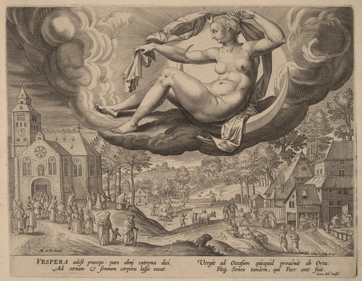 Evening by Adriaen Collaert; Maarten de Vos, print, 1590-1597
