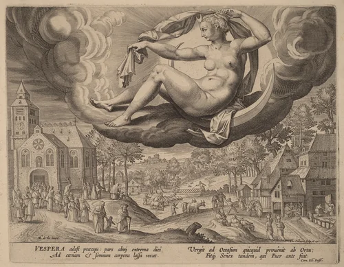 Evening by Adriaen Collaert; Maarten de Vos, print, 1590-1597