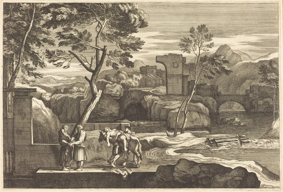 The Samaritan Takes the Man to an Inn by Sébastien Bourdon, print, 1616-1671