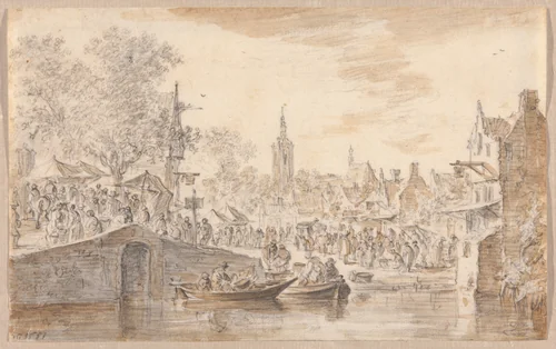 Market near a Canal by Jan van Goyen, drawing, 1651
