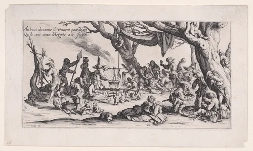 Le Halte des Bohémiens: Les Apprêts du Festin (The Gypsy Stopover: The Preparations for the Feast) , from Le Bohémiens, série appelée aussi Les Égyptiens, La Marche des Bohémiens, La Vie Errante des Bohémiens, Les Marches Égyptiennes (The Gypsies, series also called The Egyptians, The Gypsy Troops, The Wandering Lives of Gypsies, The Egyptian Troops) by Jacques Callot, print, 1610-1635