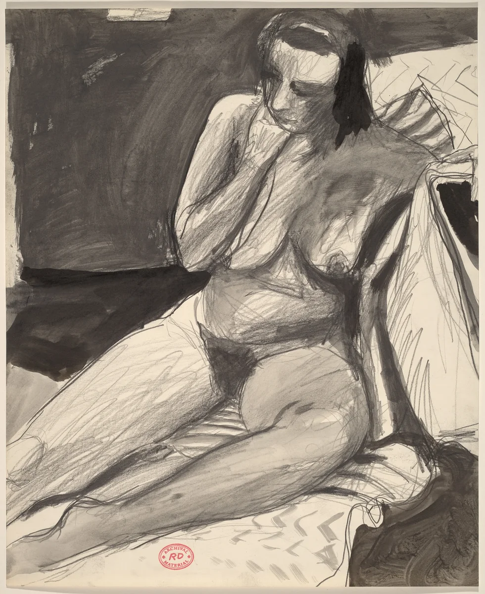 Untitled [female nude seated and leaning against a support] by Richard Diebenkorn, drawing, 1955-1967