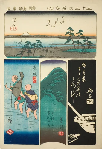Shimada, Fujieda, Okabe, and Mariko, no. 6 from the series "Cutouts of the Fifty-three Stations (Gojusan tsugi harimaze)" by Utagawa Hiroshige (歌川広重), print, 1852