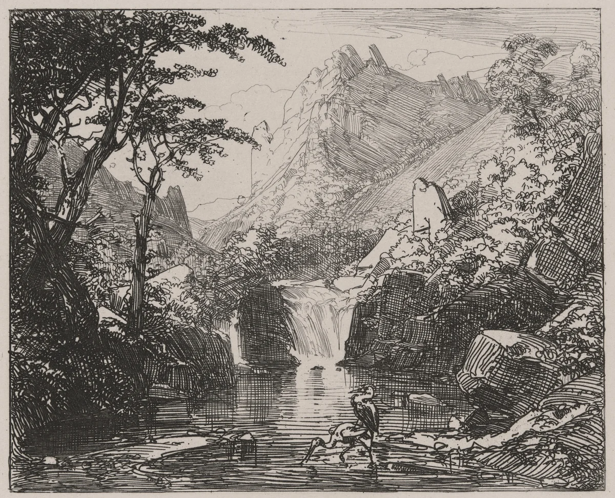 Mountain View with Waterfall and Water Birds by Caspar Johann Nepomuk Scheuren, print, 1842