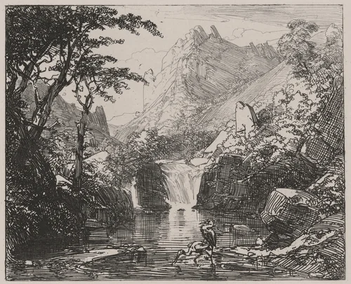 Mountain View with Waterfall and Water Birds by Caspar Johann Nepomuk Scheuren, print, 1842