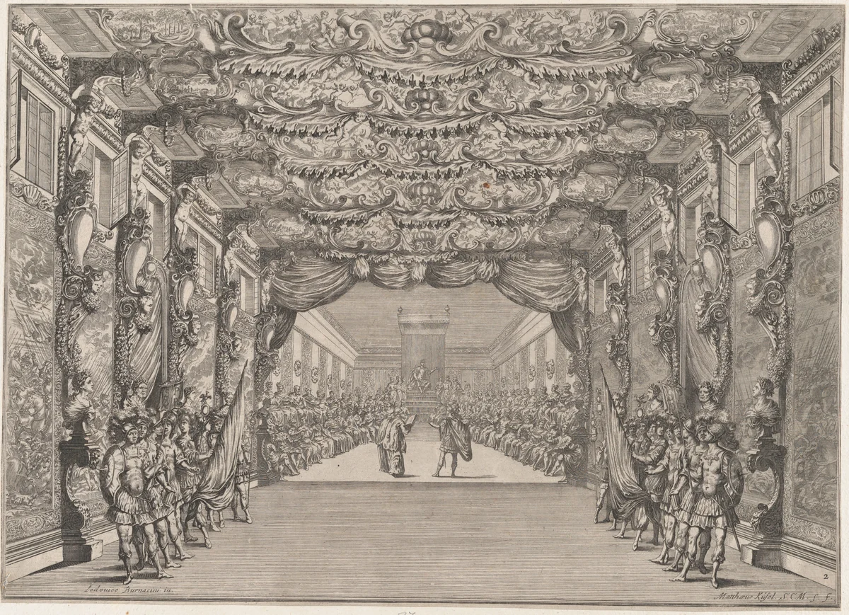 The Roman curia with guards in the anteroom; set design from 'Il Fuoco Eterno' by Mathäus Küsel, print, 1674