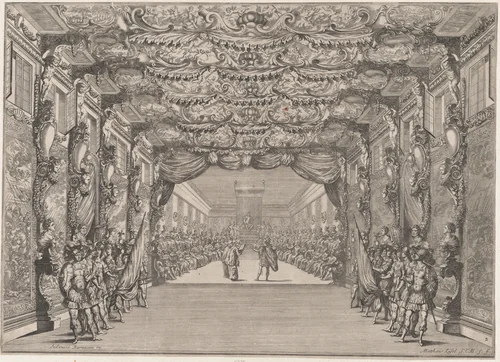 The Roman curia with guards in the anteroom; set design from 'Il Fuoco Eterno' by Mathäus Küsel, print, 1674