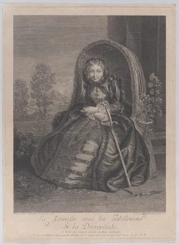 Youth under the clothing of decrepitude (La jeunesse sous les habillements de la décrépitude) by Renée Elizabeth Marlie Lépicié, print, 1751